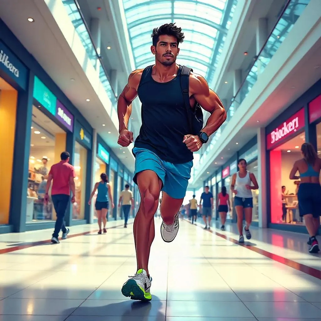 Dynamic Athletic Latino Man in Anime Style at a Shopping Mall