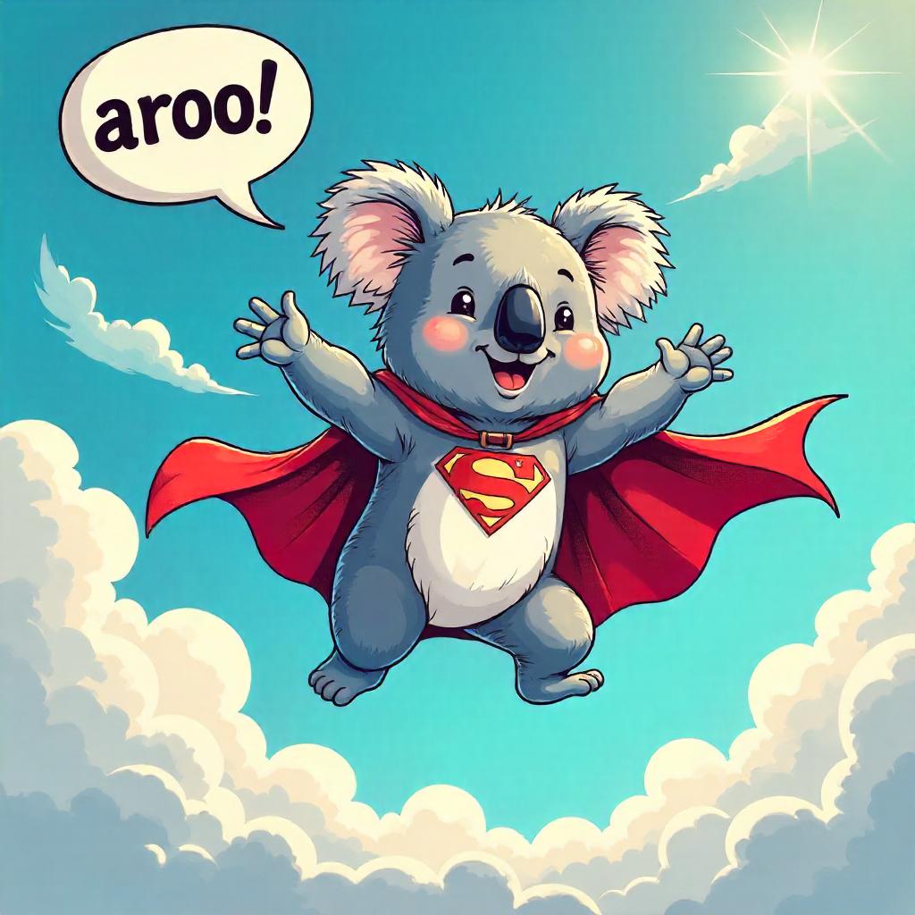 Comic-Style Koala Soaring Among Clouds