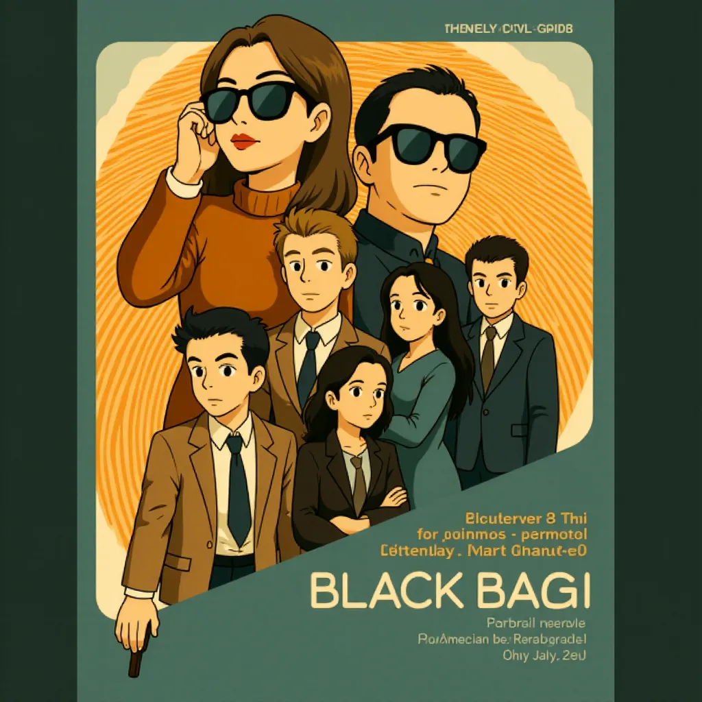 Pierce Brosnan, Cate Blanchett, Tom Burke, Naomie Harris, Michael Fassbender, Regé-Jean Page, and Marisa Abela in Black Bag (2025) - Ghibli style