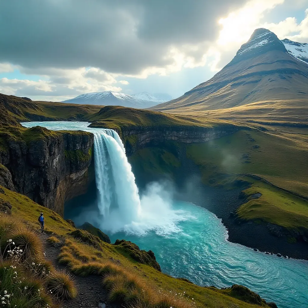 Icelandic Cliffside Waterfall at Midnight Sun