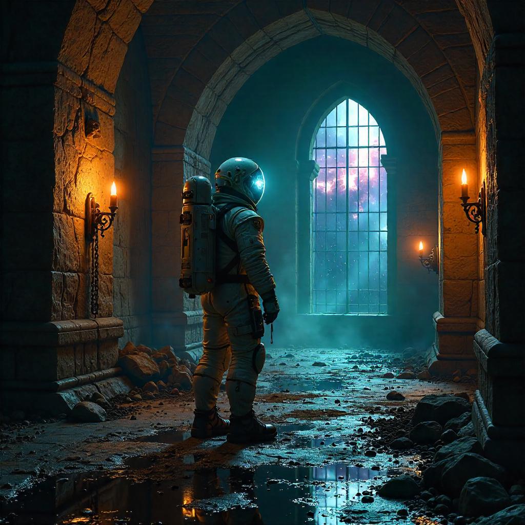 Astronaut in Castle Dungeons: Digital Art Fusion