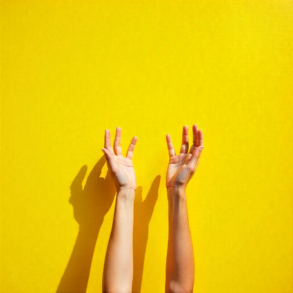 Two Hands Reaching Up on a Bright Yellow Wall