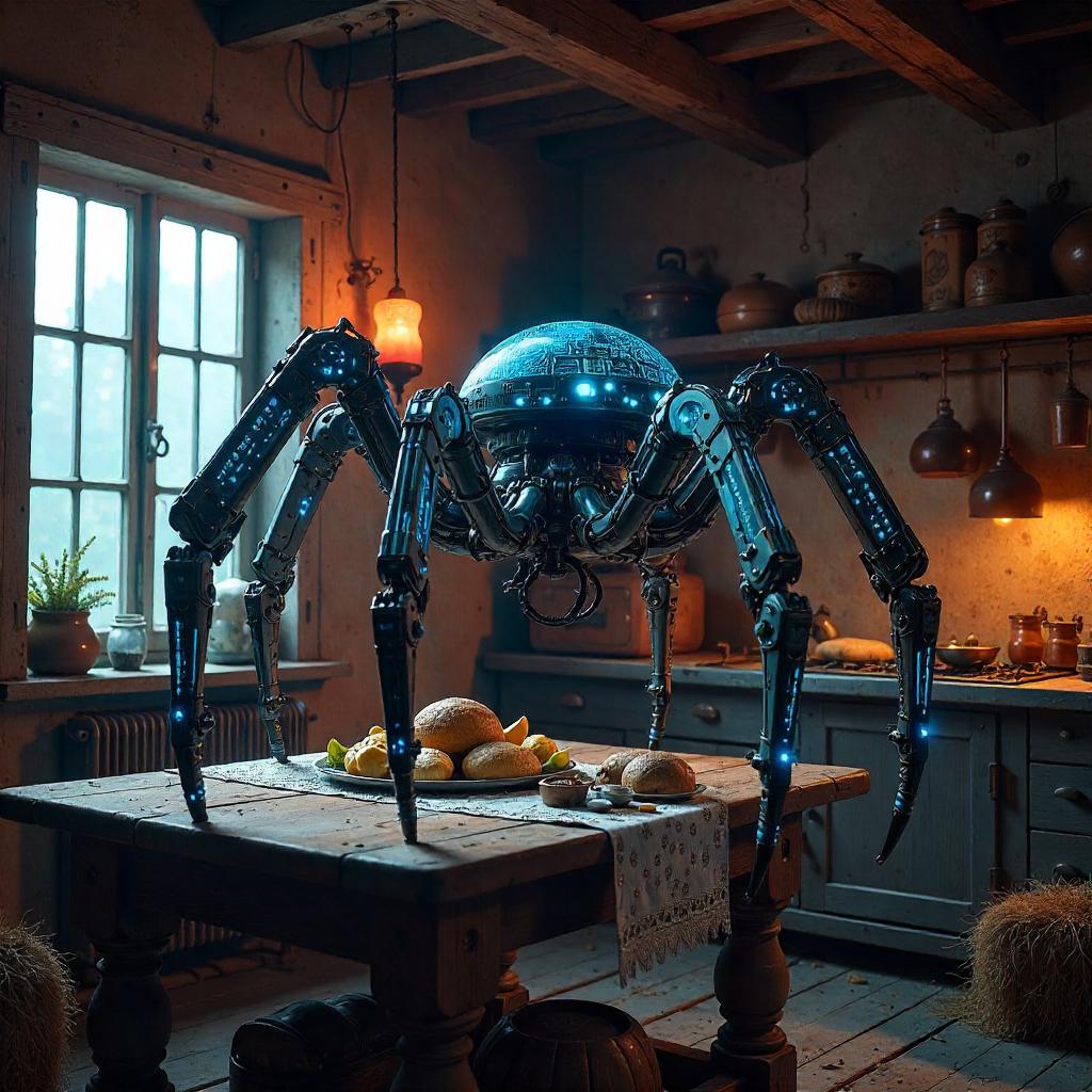 Cyberpunk Spider in a Rustic Farmhouse