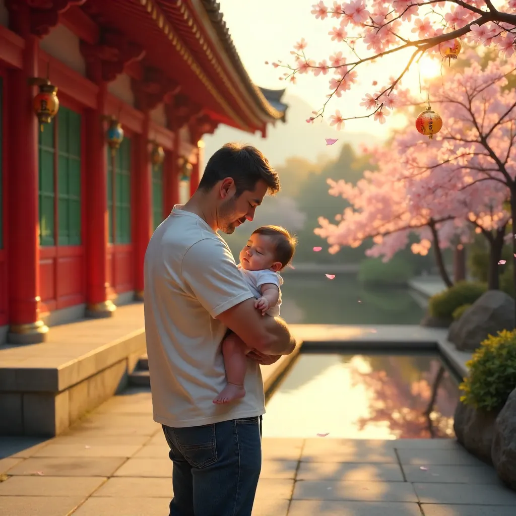 Sleeping Child in a Colorful Japanese Temple Courtyard