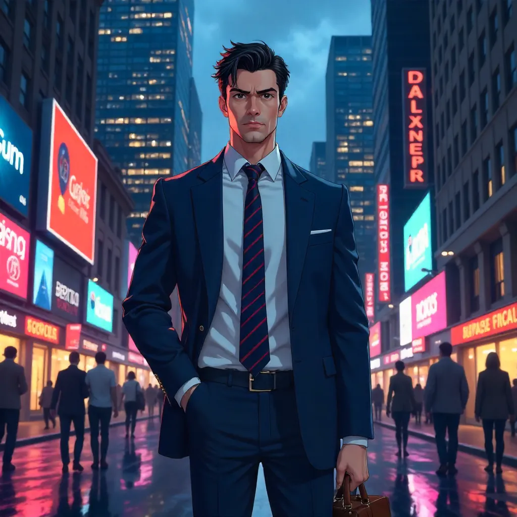 Anime-Style Professional White Man on Neon Street