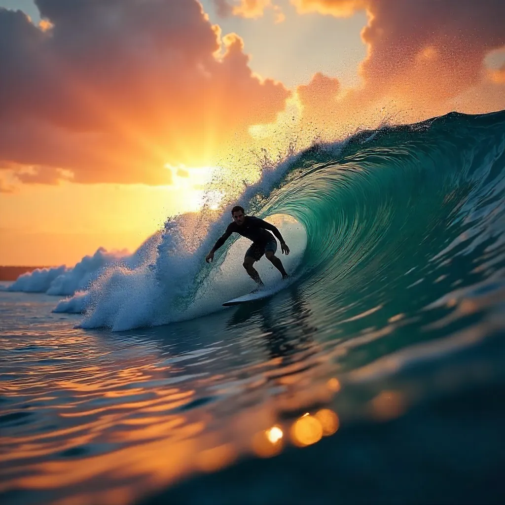 Sunset Surfer Rides a Mighty Wave