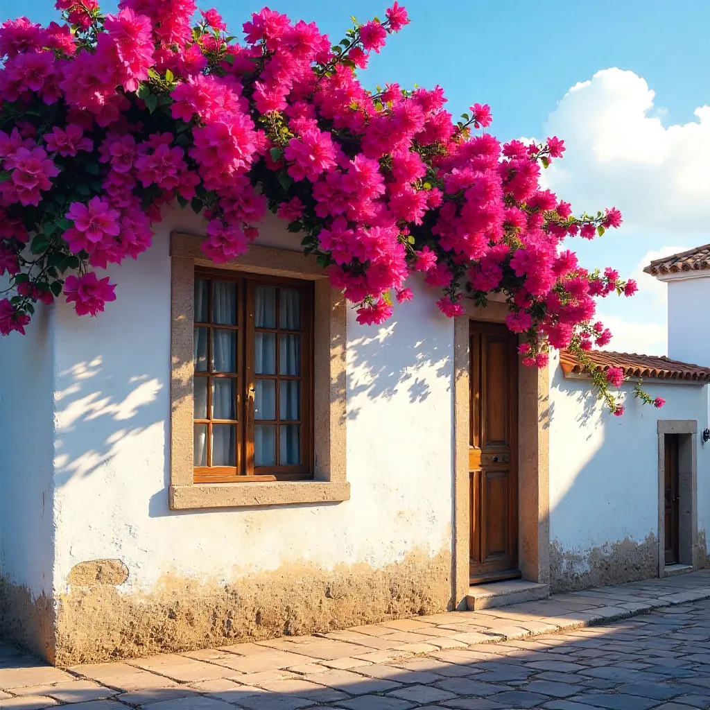 Málaga White Facade with Bougainvillea and Rustic Window