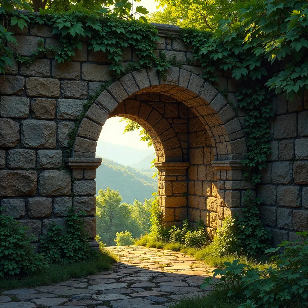 Ancient Archway in a Lush Castle Wall