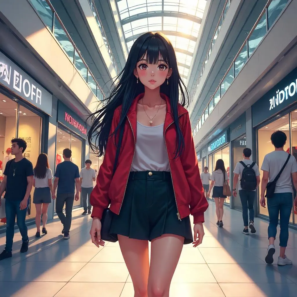 Anime-Style Asian Woman in a Busy Shopping Mall
