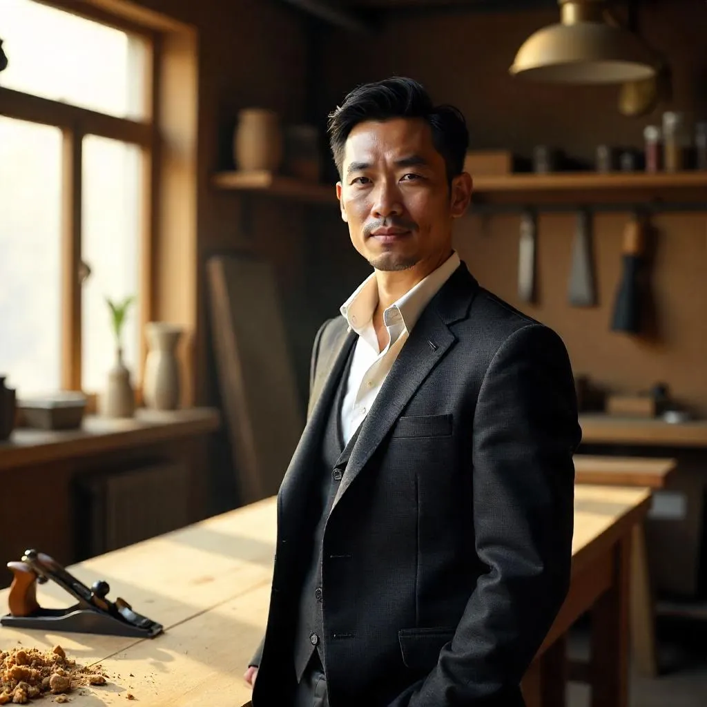 Elegant Asian Gentleman in a Sunlit Workshop
