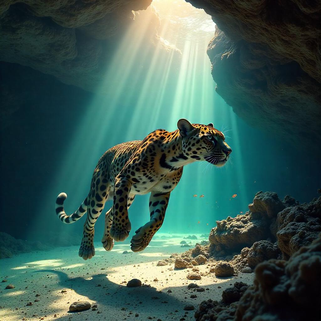 Leopard in an Underwater Cave: Photorealistic Scene