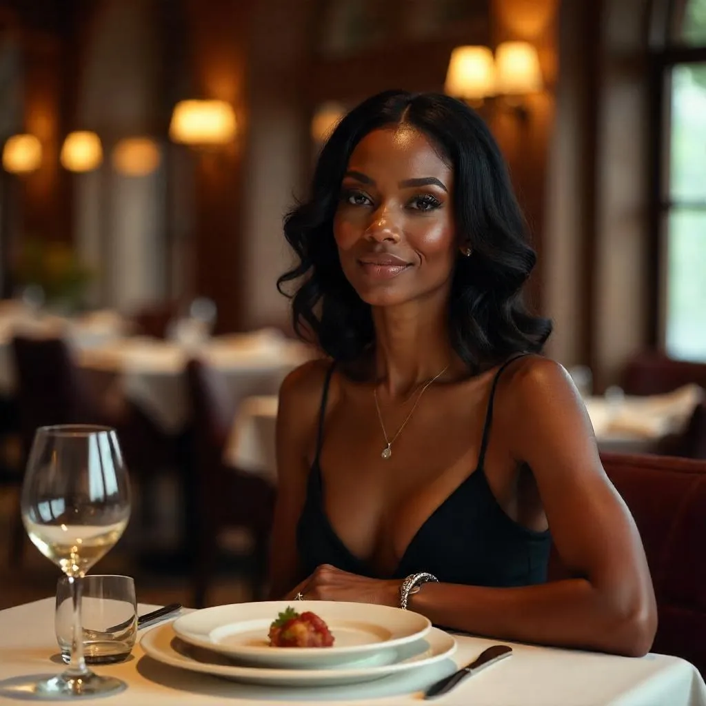 Photorealistic Portrait of an Elegant Black Woman in a Restaurant