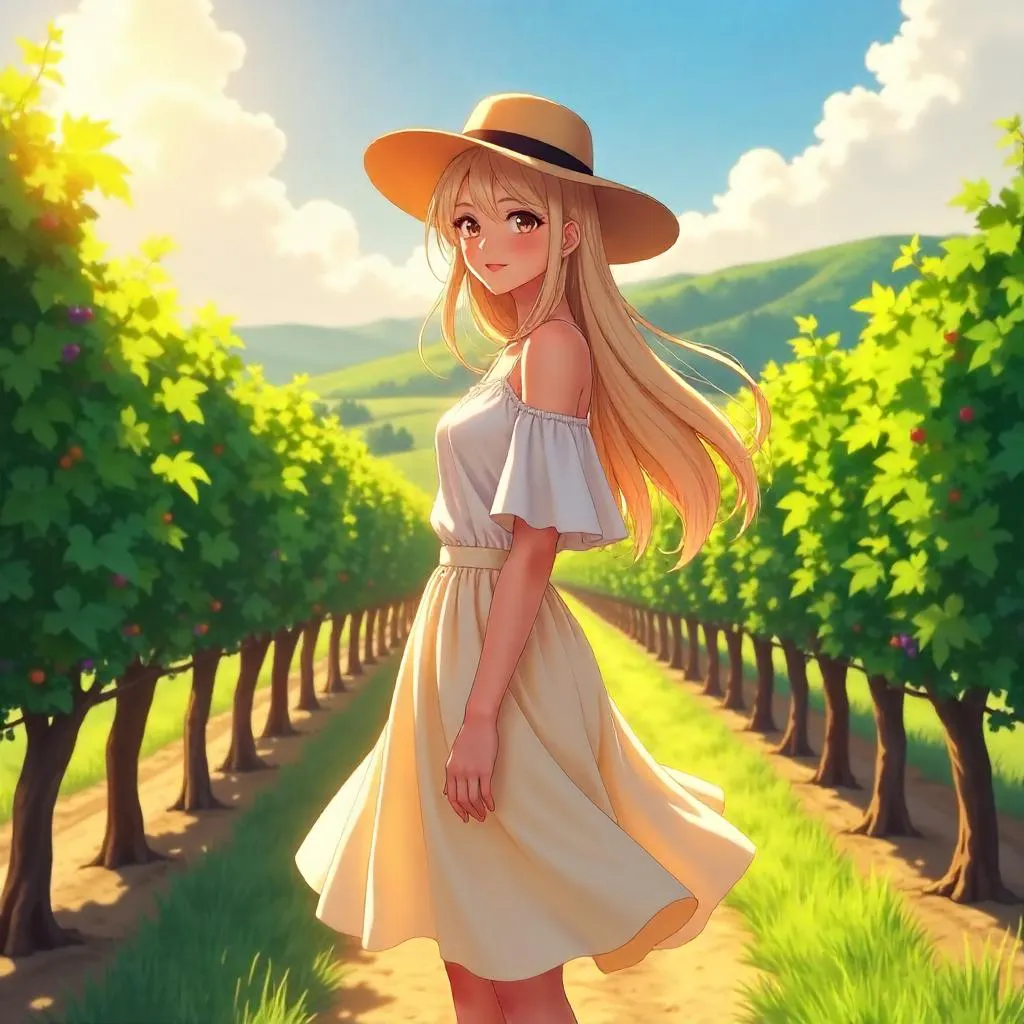 Anime-Style White Girl in a Sunlit Vineyard