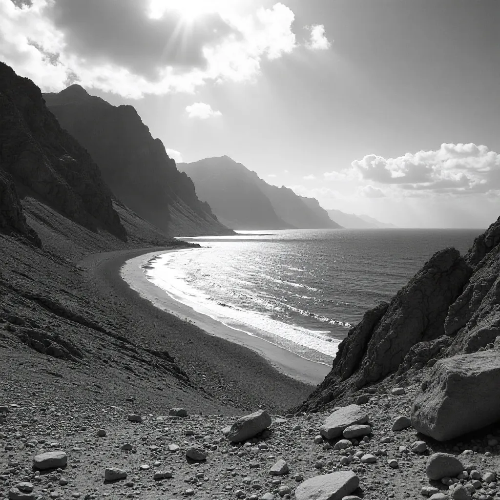 Monochrome Sinai Coastline: Rugged Mountains and Sea