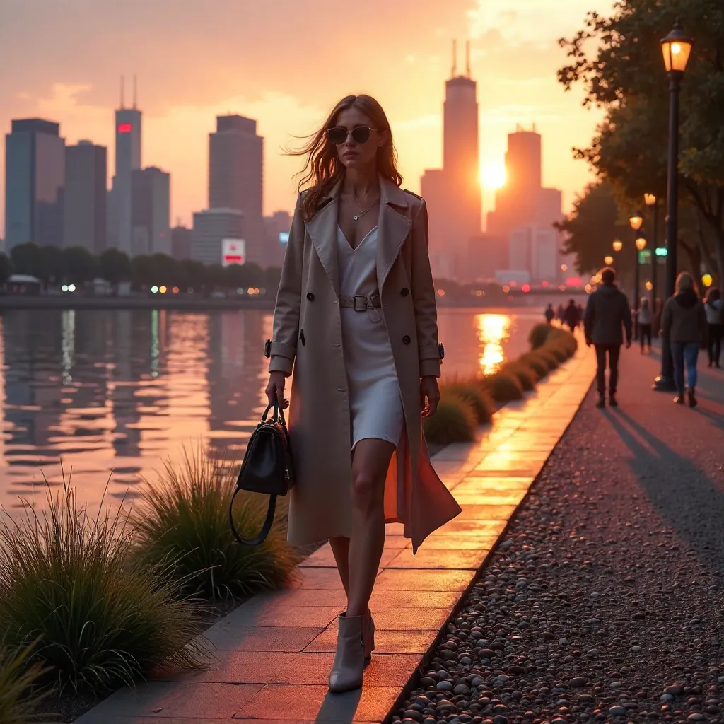 Riverbank Runway: Stylish Woman and Neon City