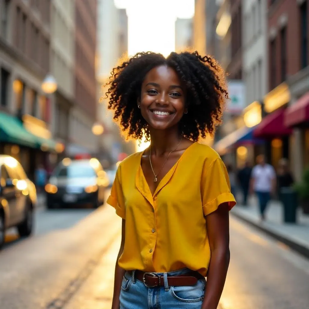 Cheerful Black Girl on a Sunny City Street