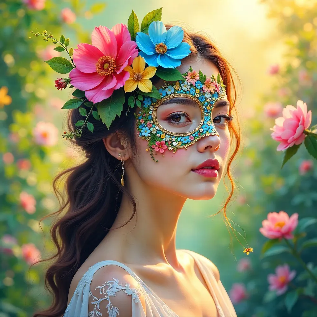 Dreamy Portrait of a Floral Masked Woman