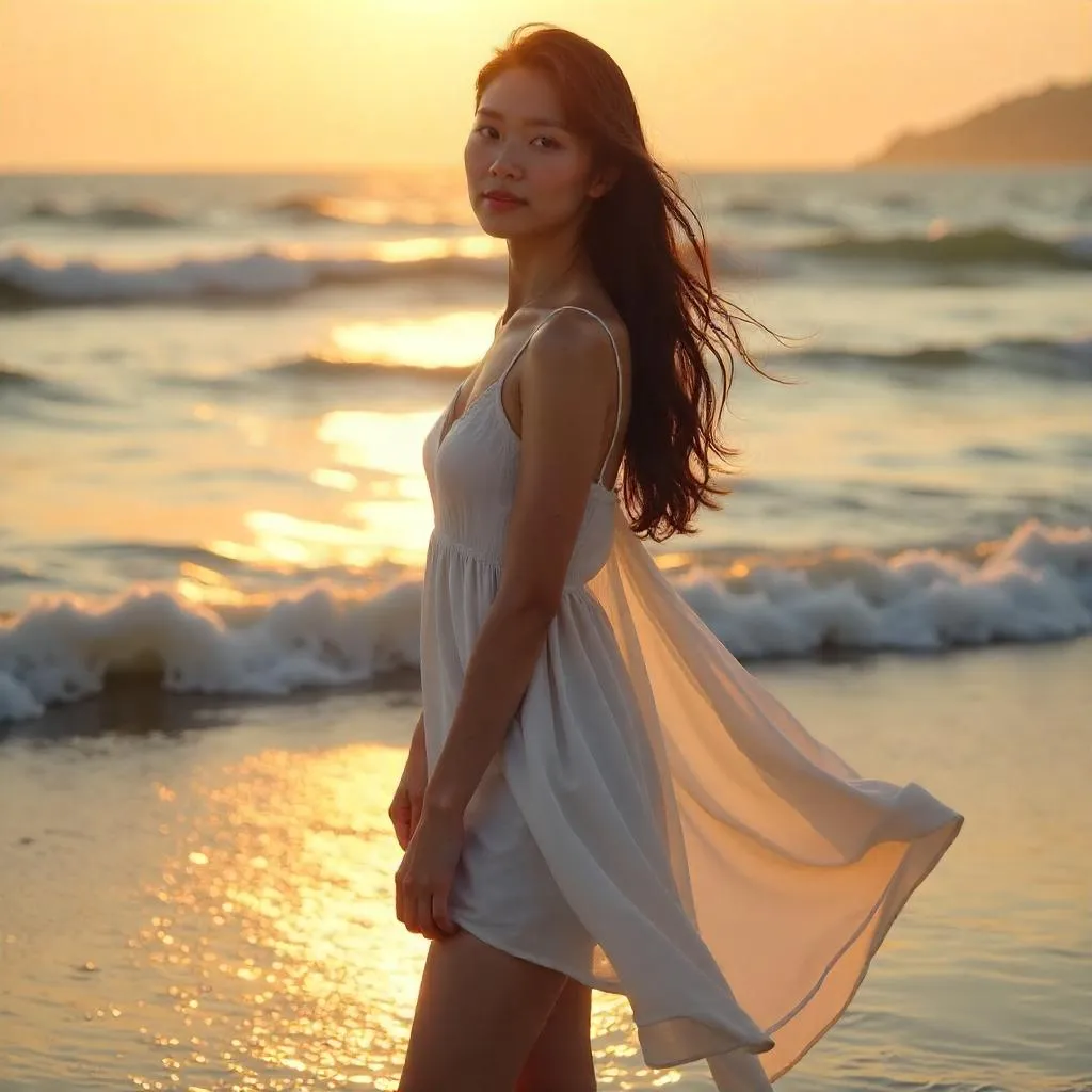 Golden hour portrait of a beautiful Asian woman by the sea