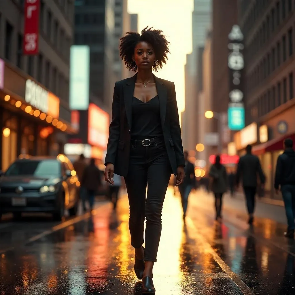 Confident Black Woman on a Lively City Street