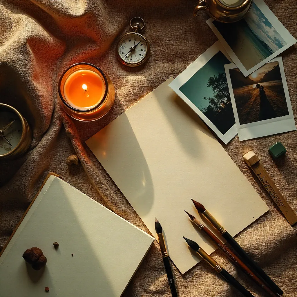 Warm Flat Lay: Candle, Compass, Photos & Art Supplies