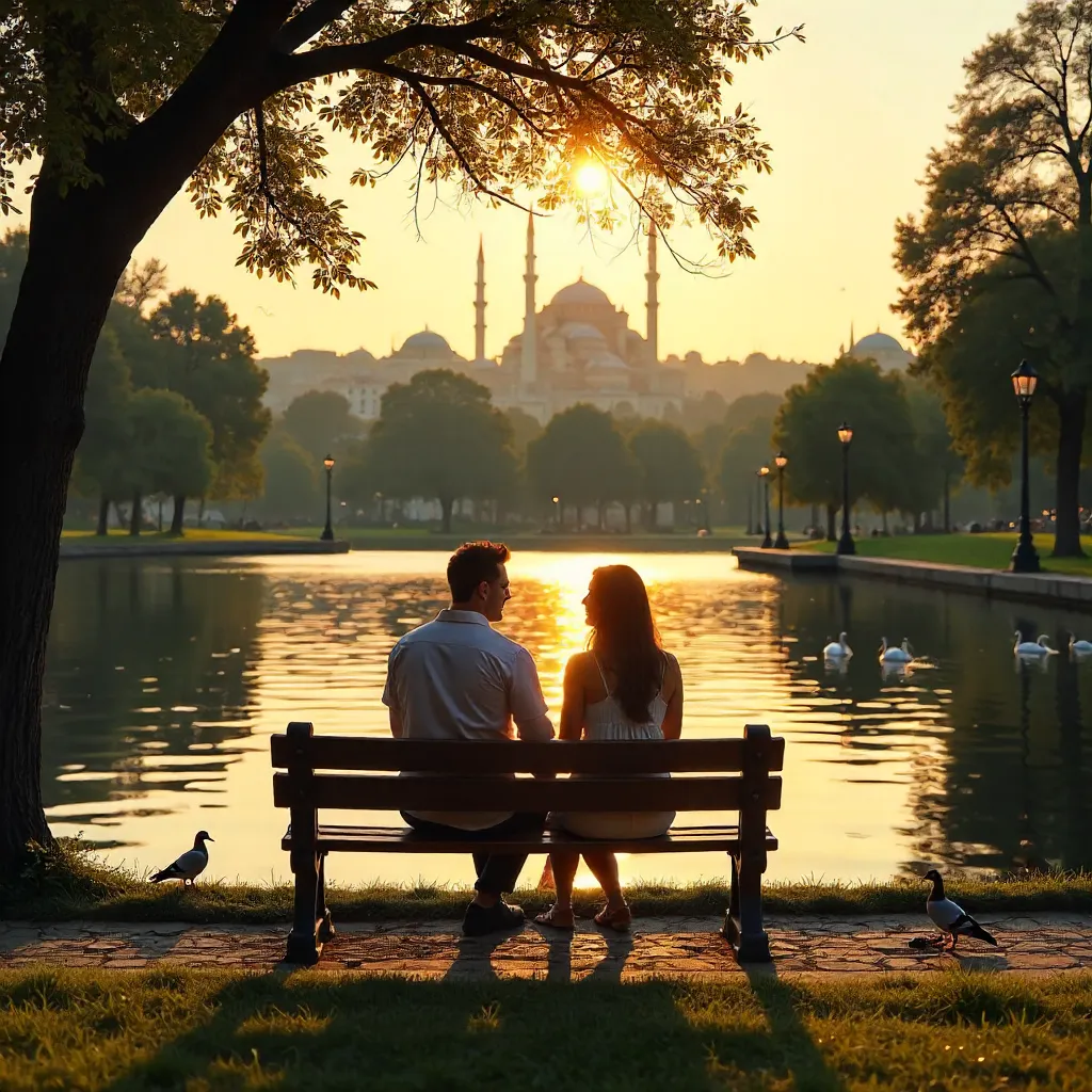Golden Hour Bench by Istanbul's Tranquil Pond