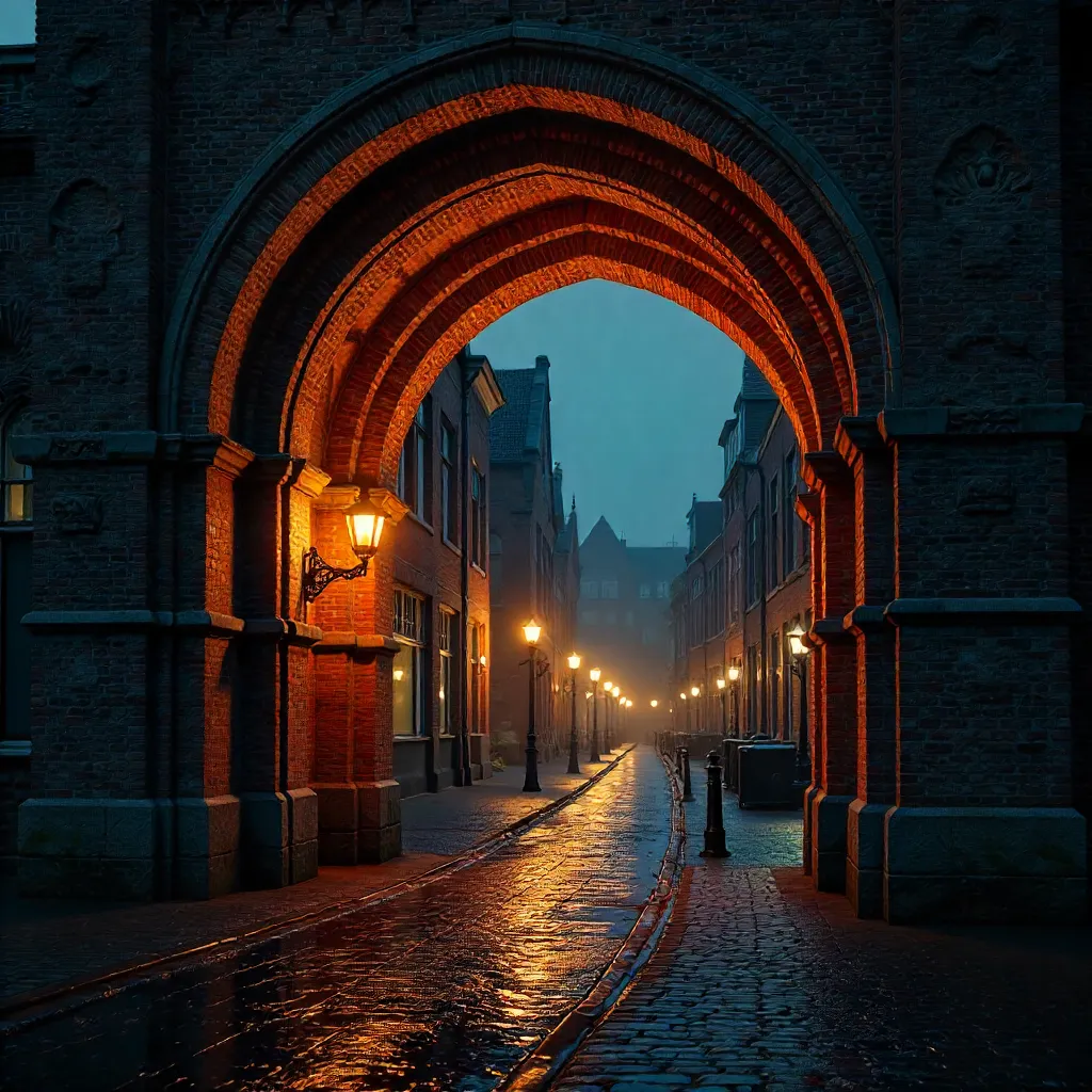 Illuminated Gothic Archway in Utrecht at Night