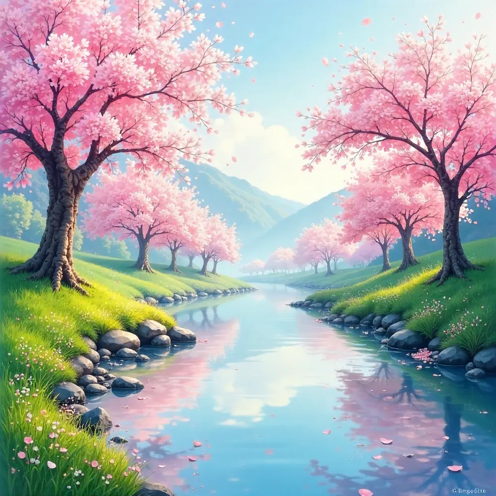 Serene Cherry Blossoms by a Spring River
