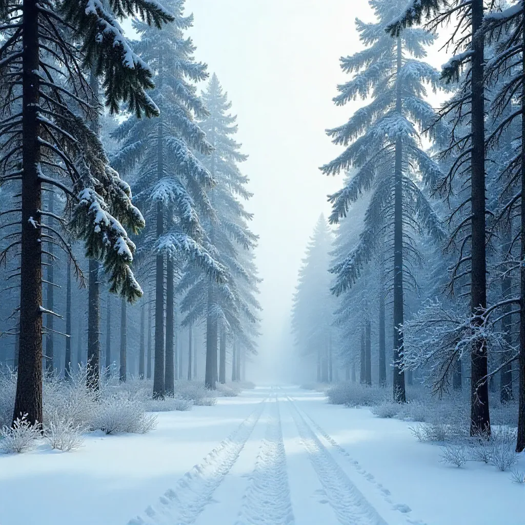 Winter Mist Over a Serene Snowy Forest