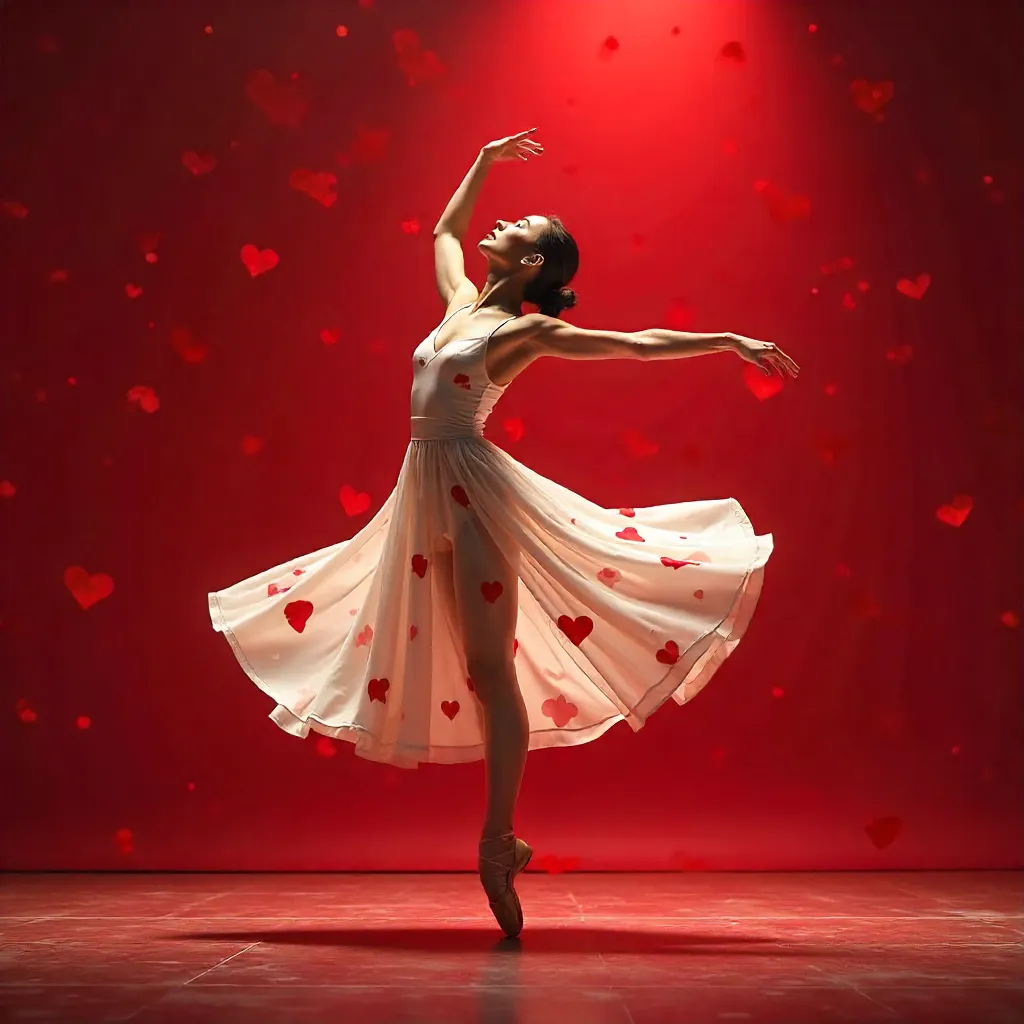 Graceful Ballet Dancer in White Dress with Red Hearts on Red Backdrop