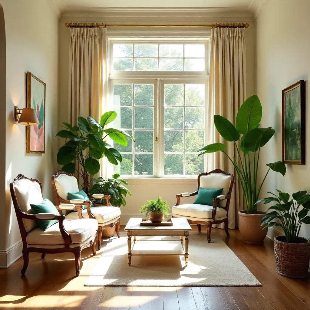 Elegant Vintage-Chic Interior with Sunlit Plants