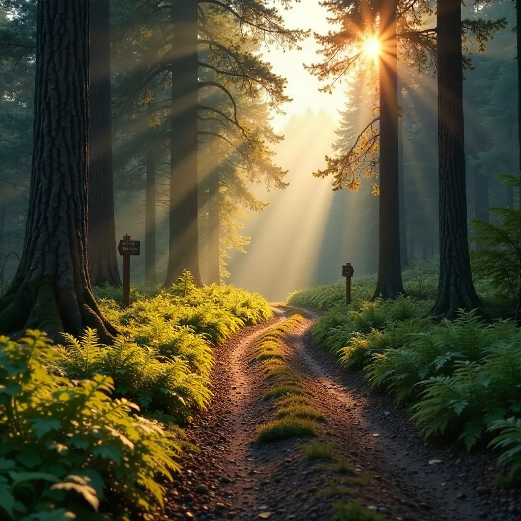Golden Hour Forest Path with Sunbeams Through Trees