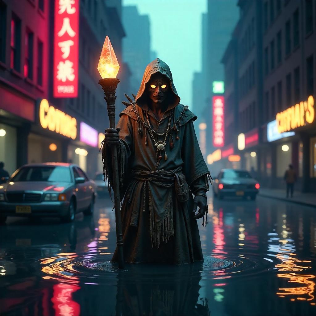 Shaman in a Flooded Neon City - 3D Render