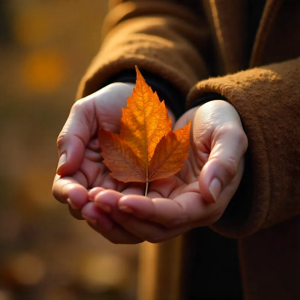 Autumn Hands: Brown Jacket Holding a Single Leaf