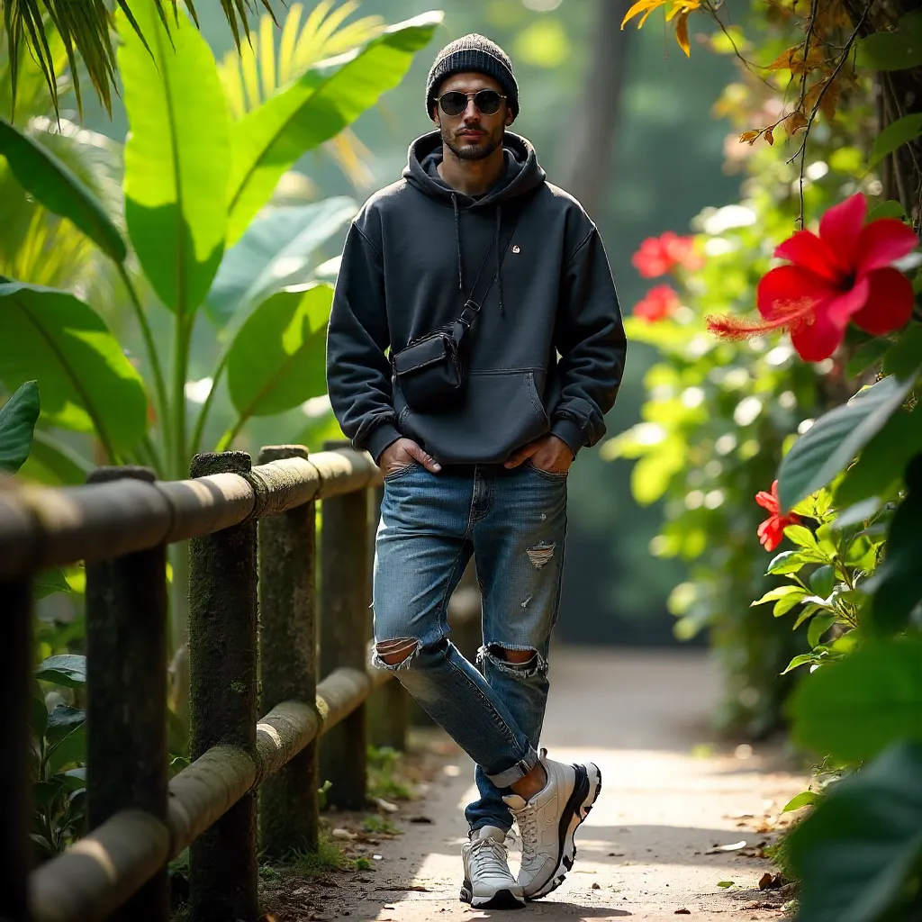 Vibrant Streetwear Pose Amid Lush Foliage