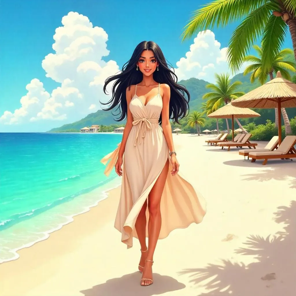 Anime Beach Resort Portrait: Young Middle Eastern Woman