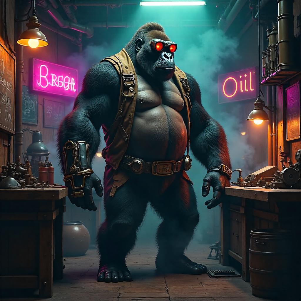 Gorilla Mechanic in a Neon Steampunk Workshop