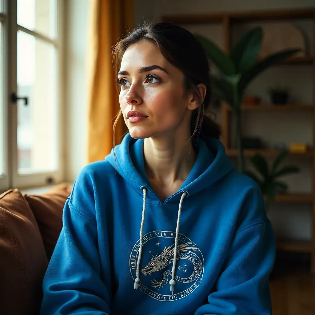 Thoughtful Woman in a Dragon Hoodie Indoors