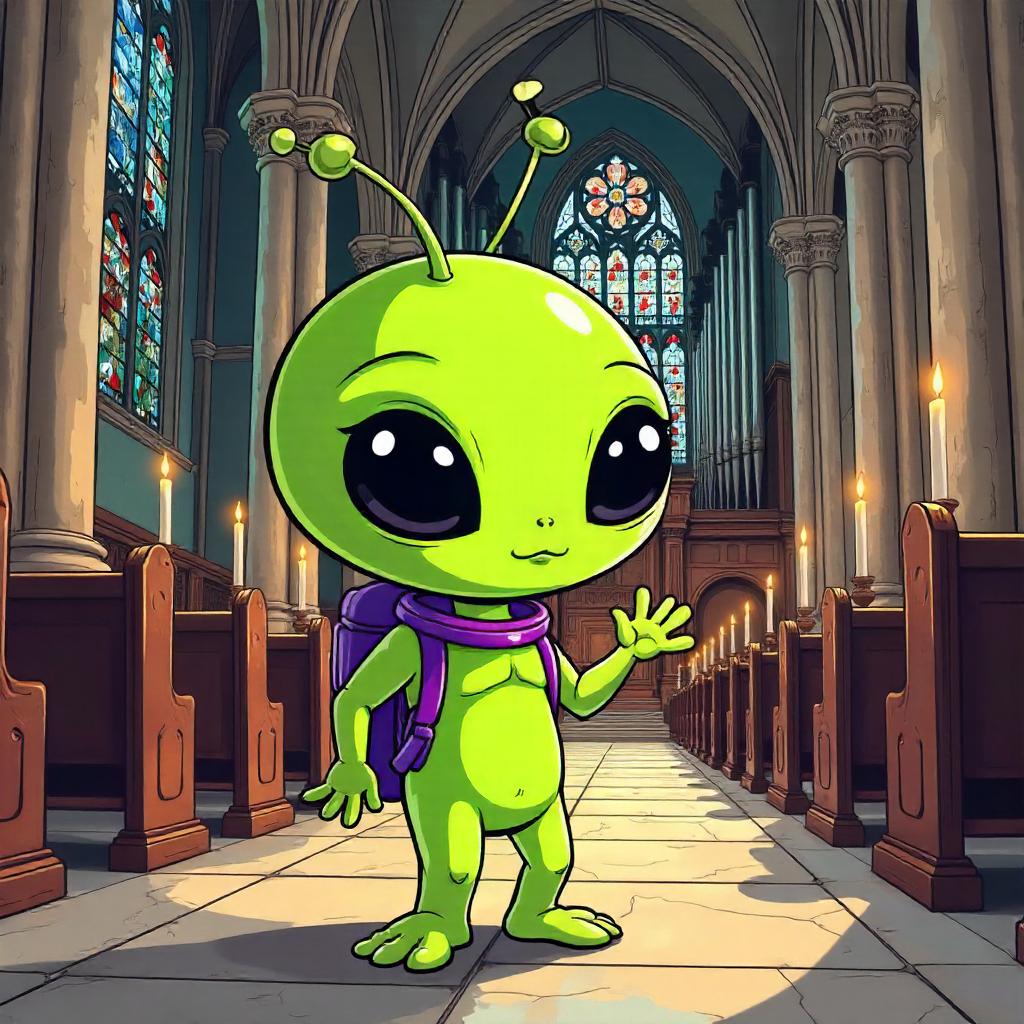 Cartoon Alien Exploring a Majestic Cathedral Interior