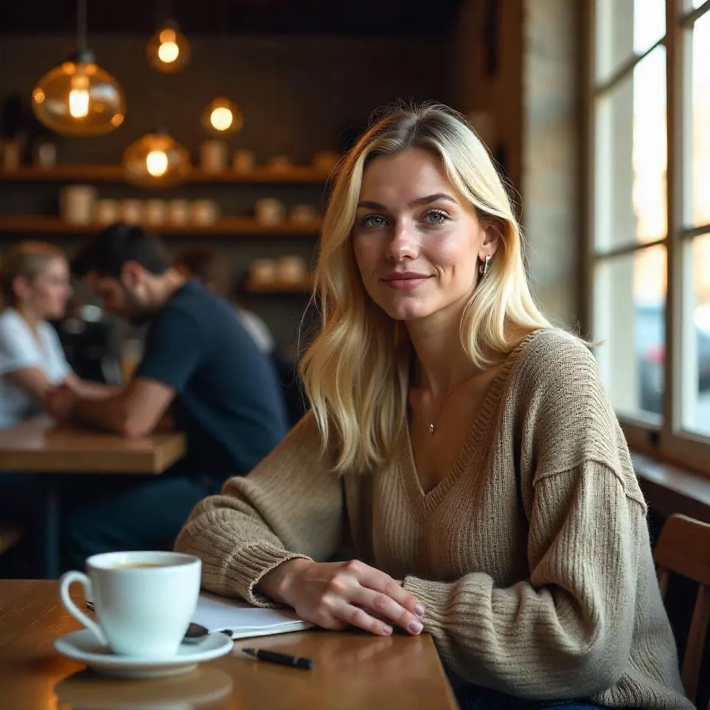 Photorealistic cafe portrait of a young White woman