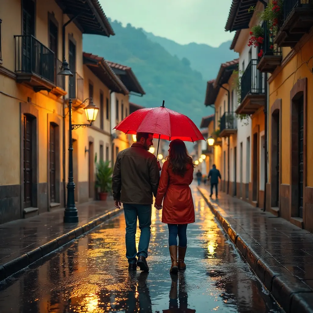 Rainy Stroll in Gramado: Couple Under Umbrella