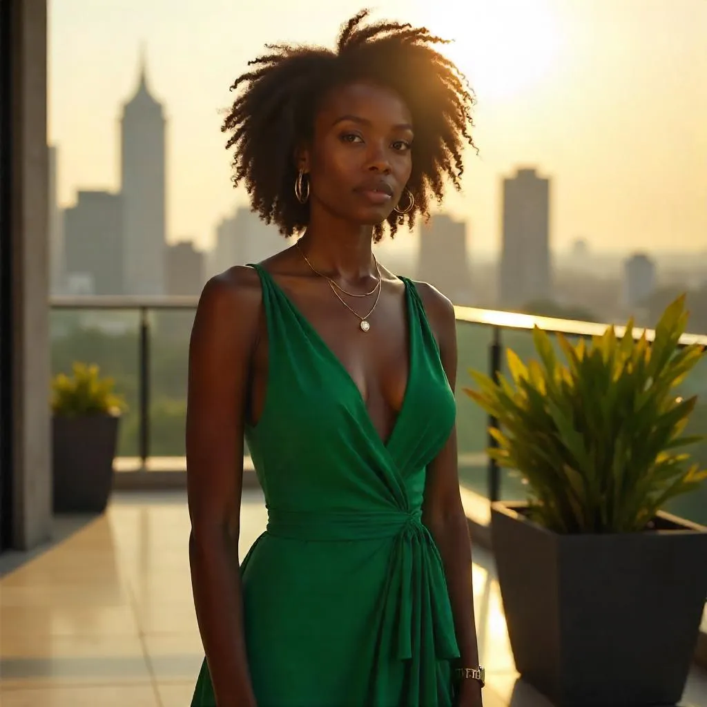Elegant Black Woman on a Rooftop Terrace at Golden Hour