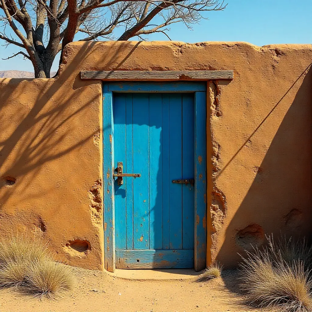 Blue Door on a Rustic Mud Wall