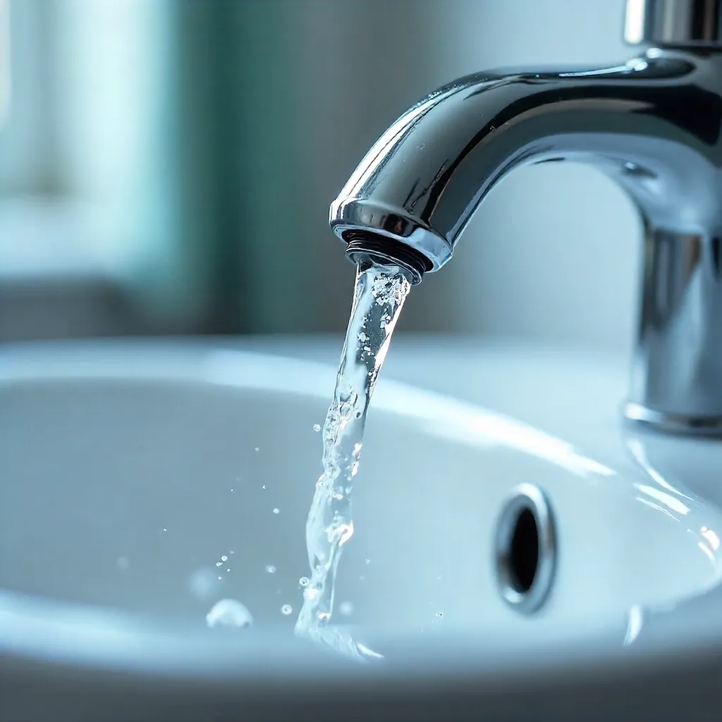 Macro Close-Up: Water Flow from Faucet into Sink