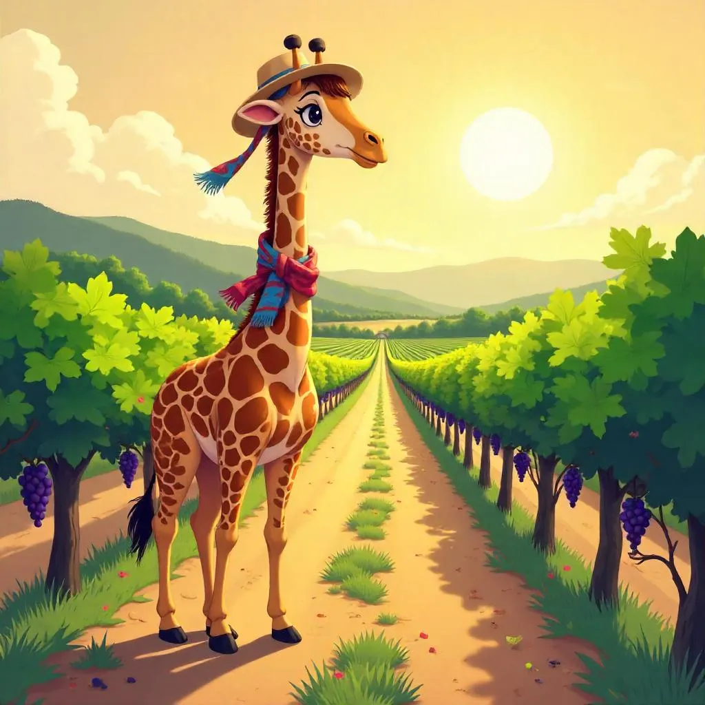 Anime Giraffe in a Sunlit Vineyard