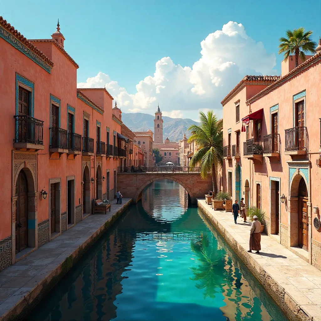 Fez Narrow Canal and Historic Architecture under a Bright Sky