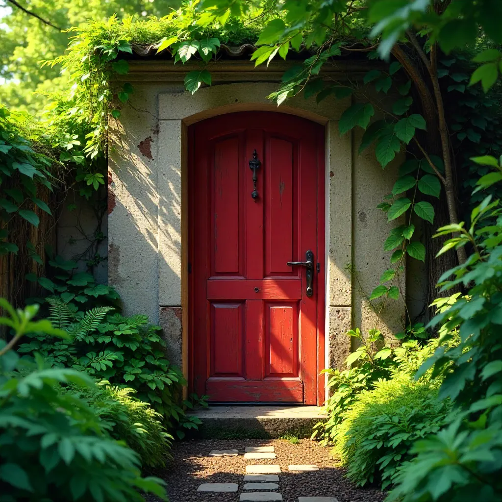 Old Red Door Framed by Lush Greenery in a Serene Garden