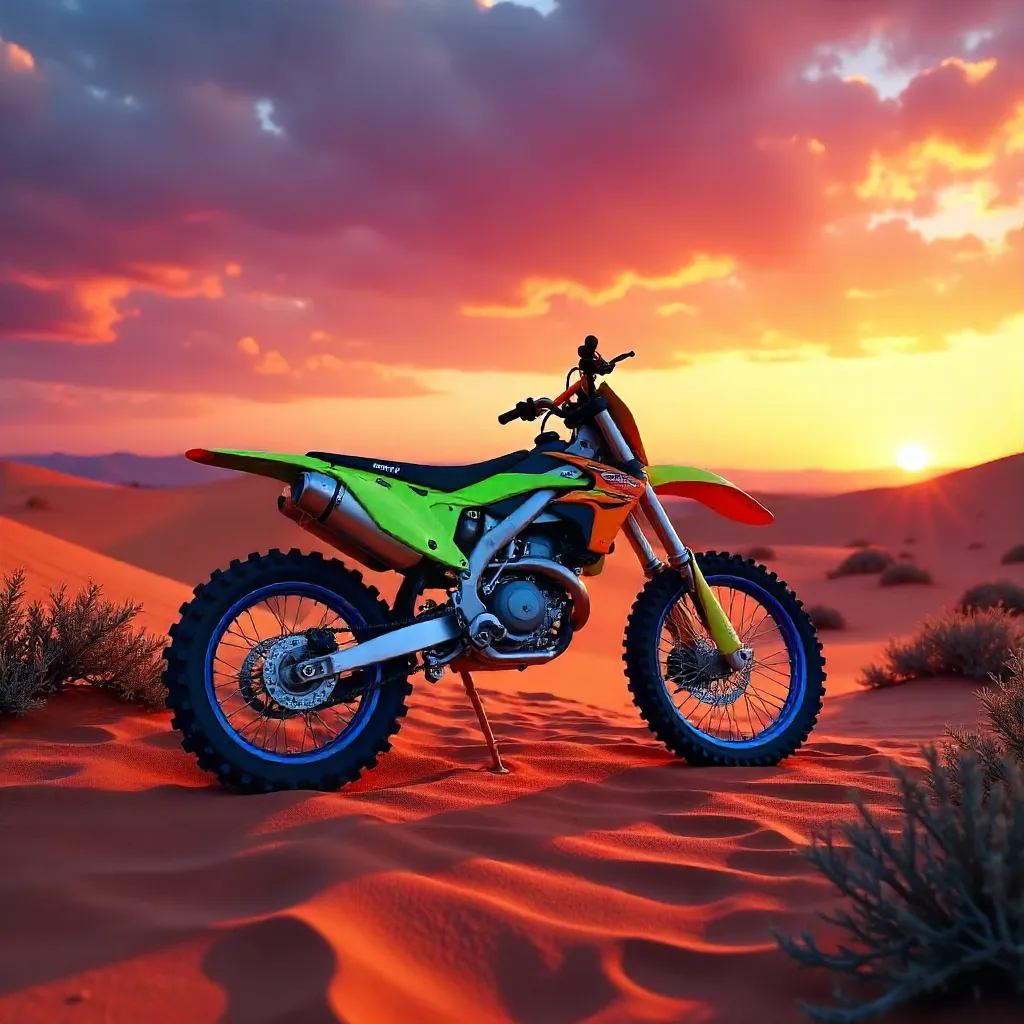 Dirt Bike Resting on Red Desert Sand at Sunset