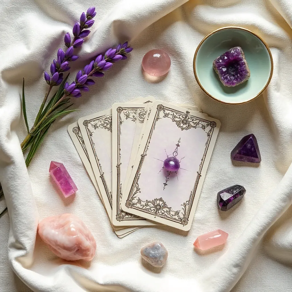 Flat Lay Tarot with Crystals and Dish: Tranquility