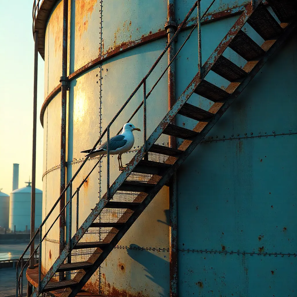 Seagull on Stairs of a Weathered Storage Tank