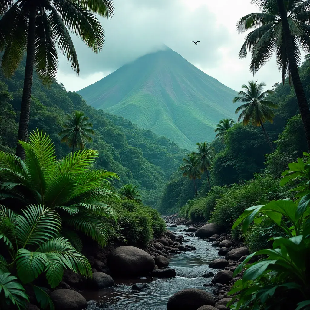 Volcano Dawn: Jungle Foreground under Clouds